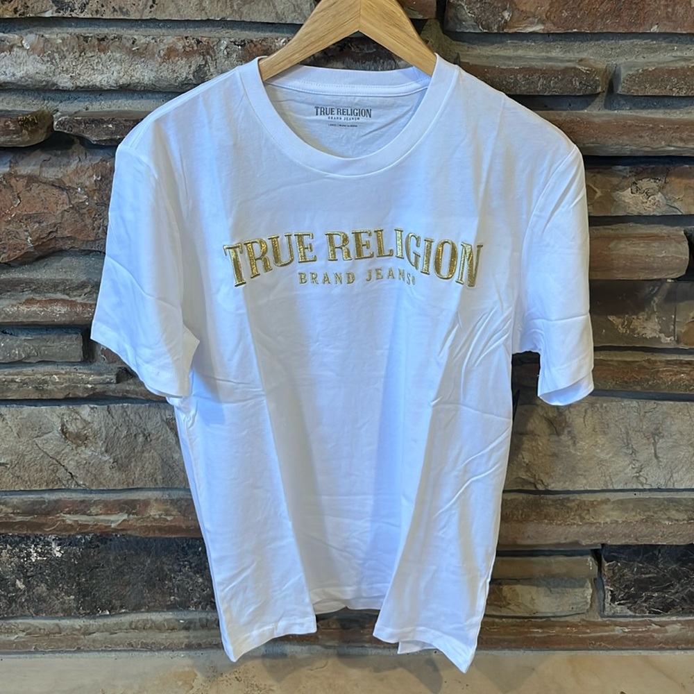 True Religion Gold Arch Logo Embroidered White Cotton Slim Fit Short Sleeve Tee